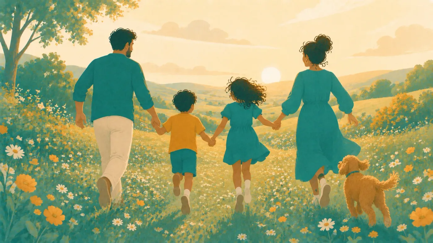 A family walking together through a sunlit meadow