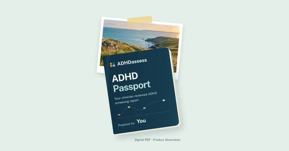 The ADHDassess launch image, showing the ADHD Passport as a digital document beside a coastal photograph