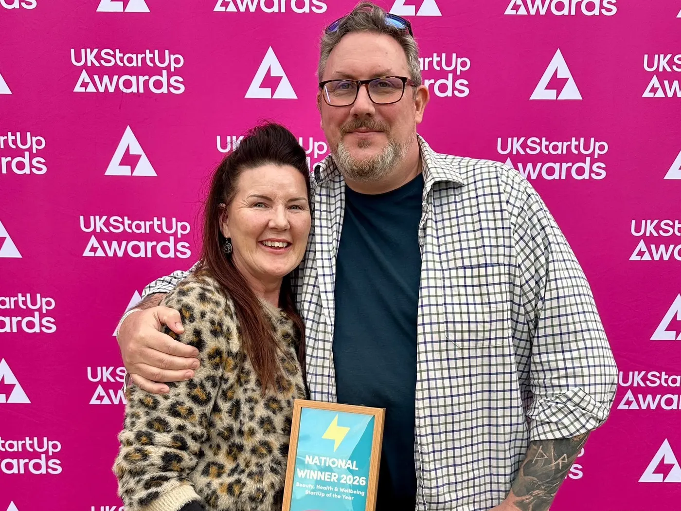 Tina and Paul Fox holding the National Winner 2026 certificate at the UK StartUp Awards national final