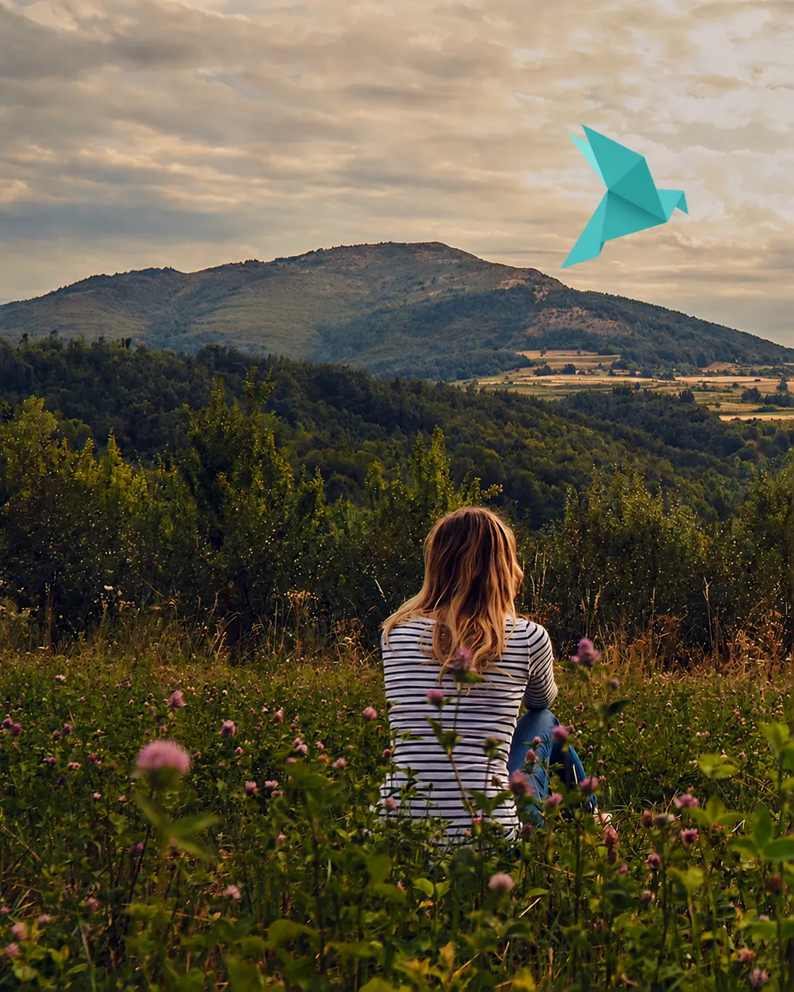 A woman sitting quietly in a meadow looking towards distant hills, with a single origami bird in the sky