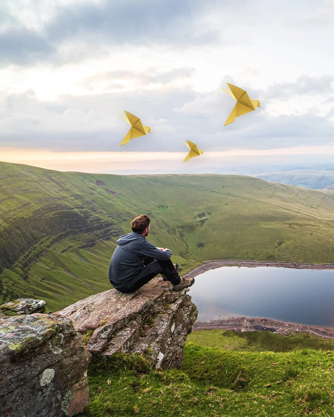 A person sitting on a hillside looking out over a calm valley, with origami birds overhead
