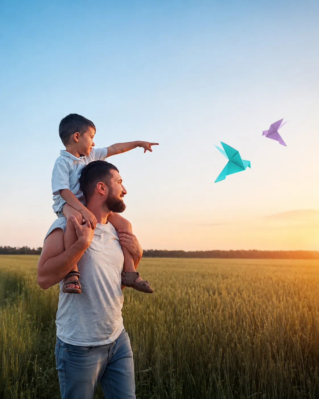 A parent and child looking out across open fields together, a child pointing ahead, with two origami birds in the sky