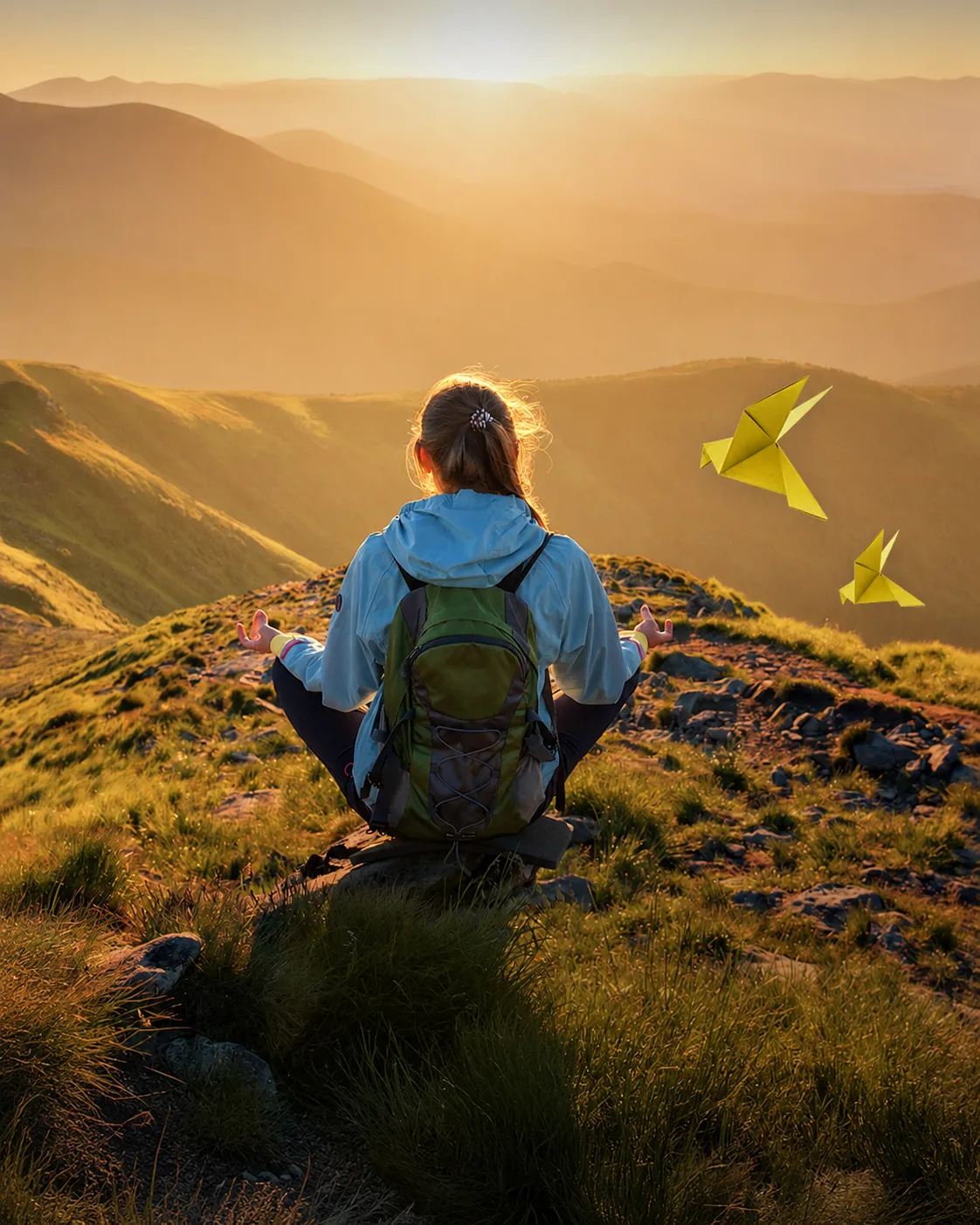 A person sitting calmly at sunrise with open hands, looking out over the hills, with origami birds nearby